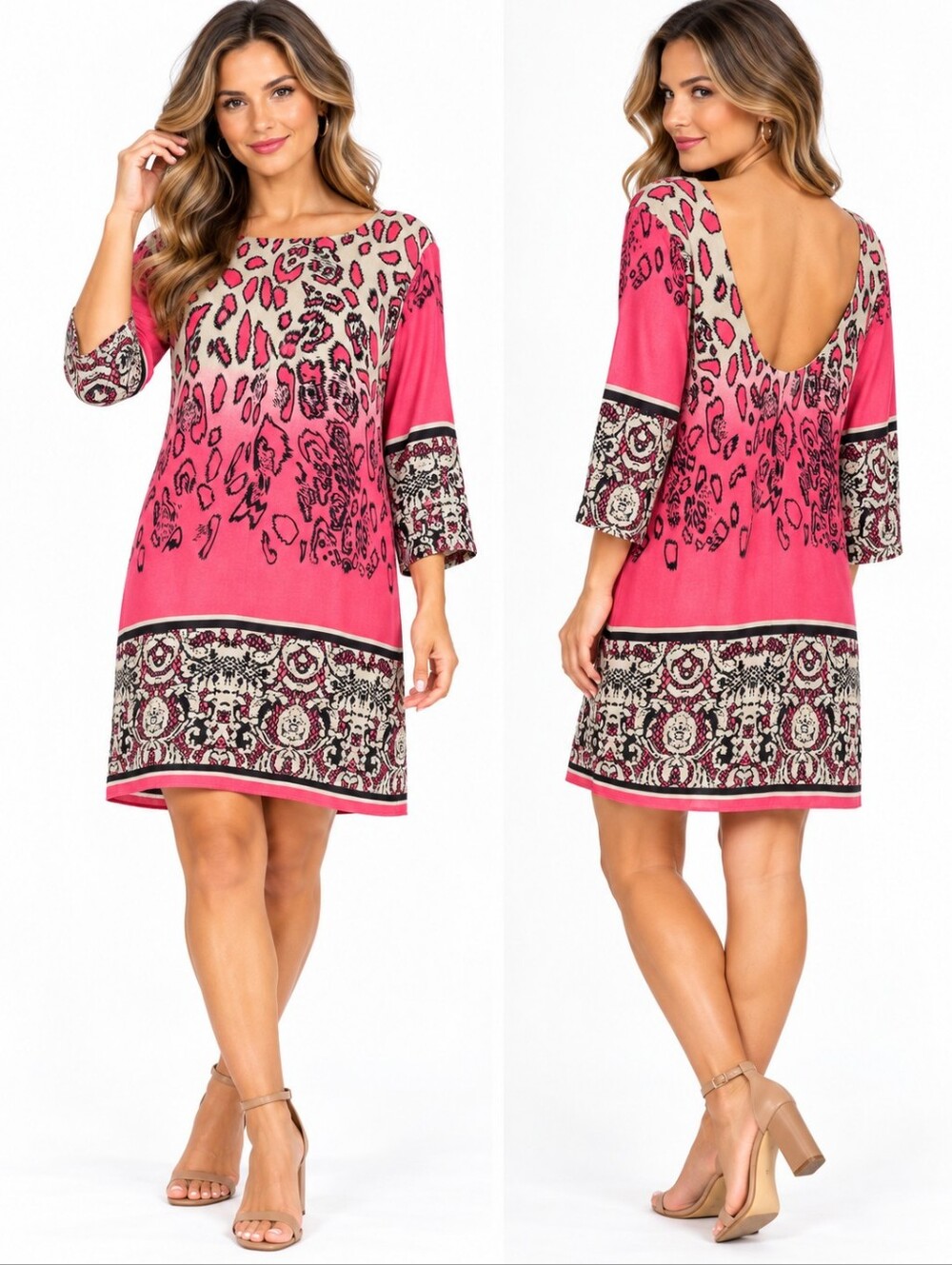 Ark & Co NWT Pink Leopard Mixed Print Scoop Back Shift Dress Small